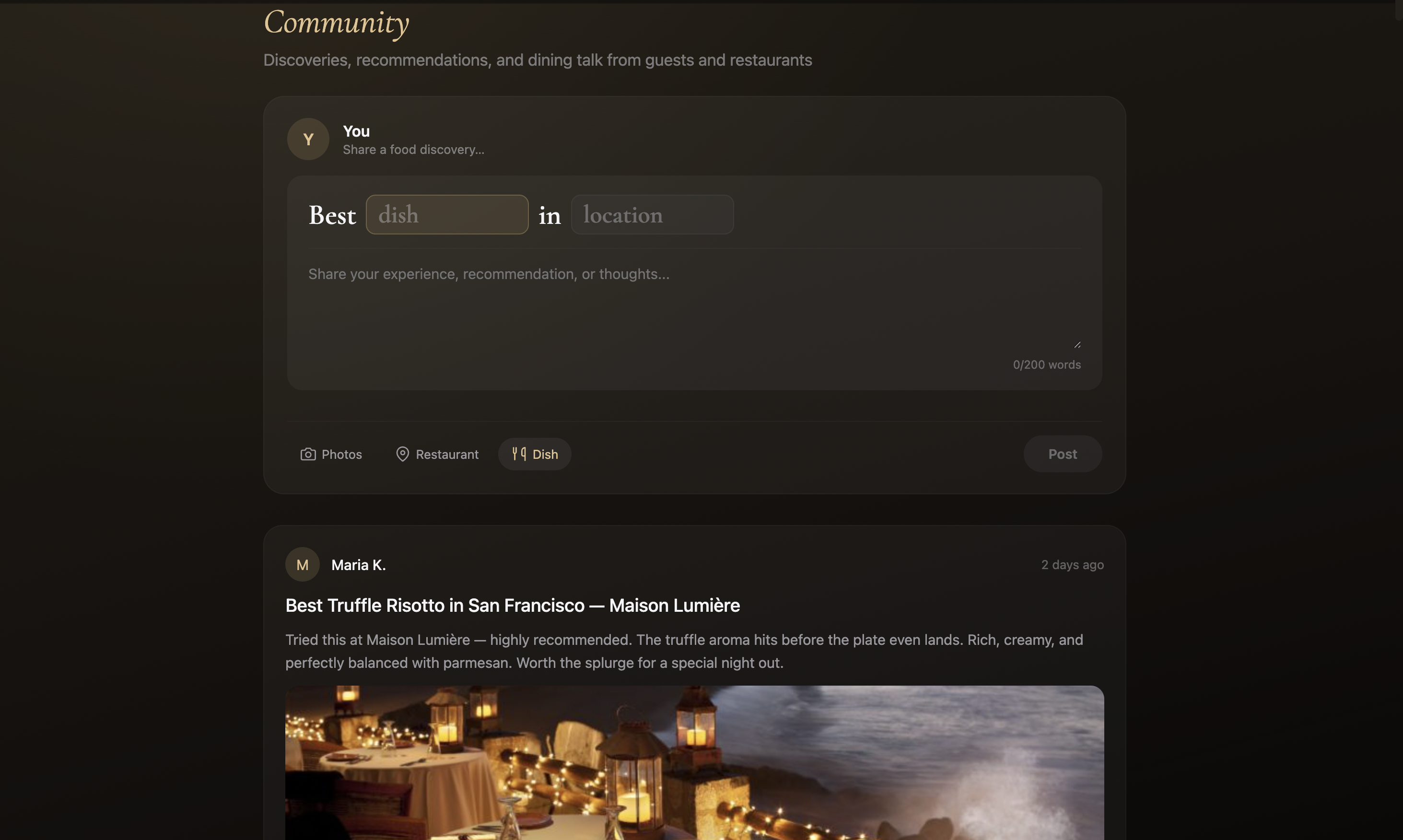 Dish-led recommendations in the For The Tabl. community