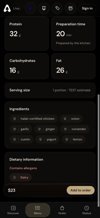 For The Tabl. Ingredients and dietary information interface