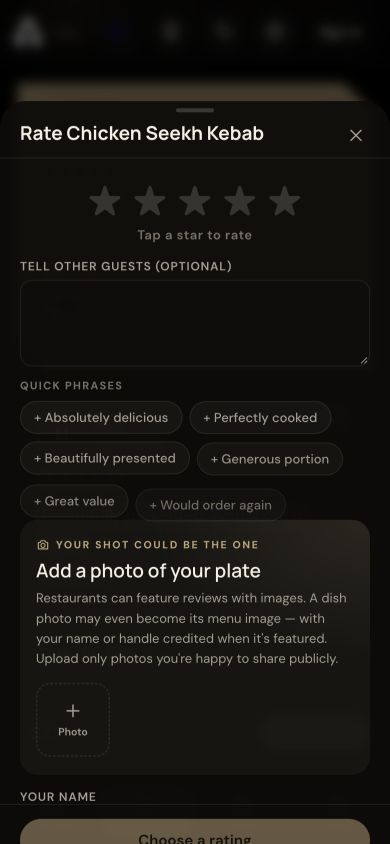 Post-dining dish rating form with guest photo upload