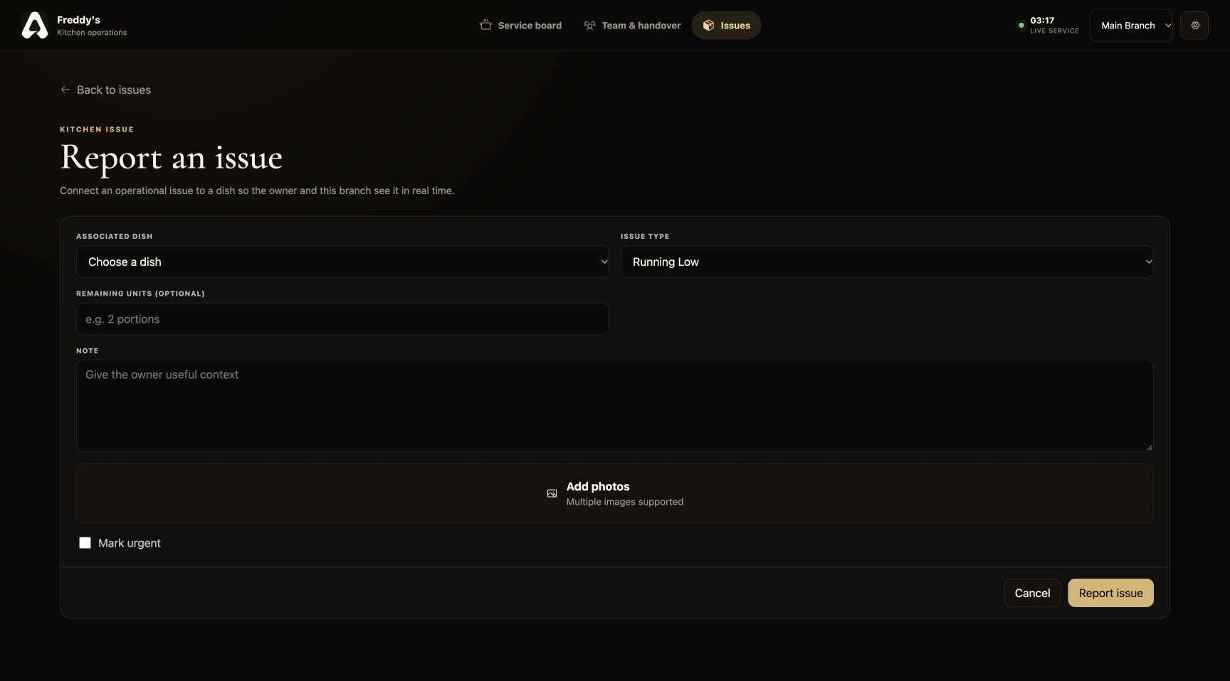 For The Tabl. Report a dish issue interface