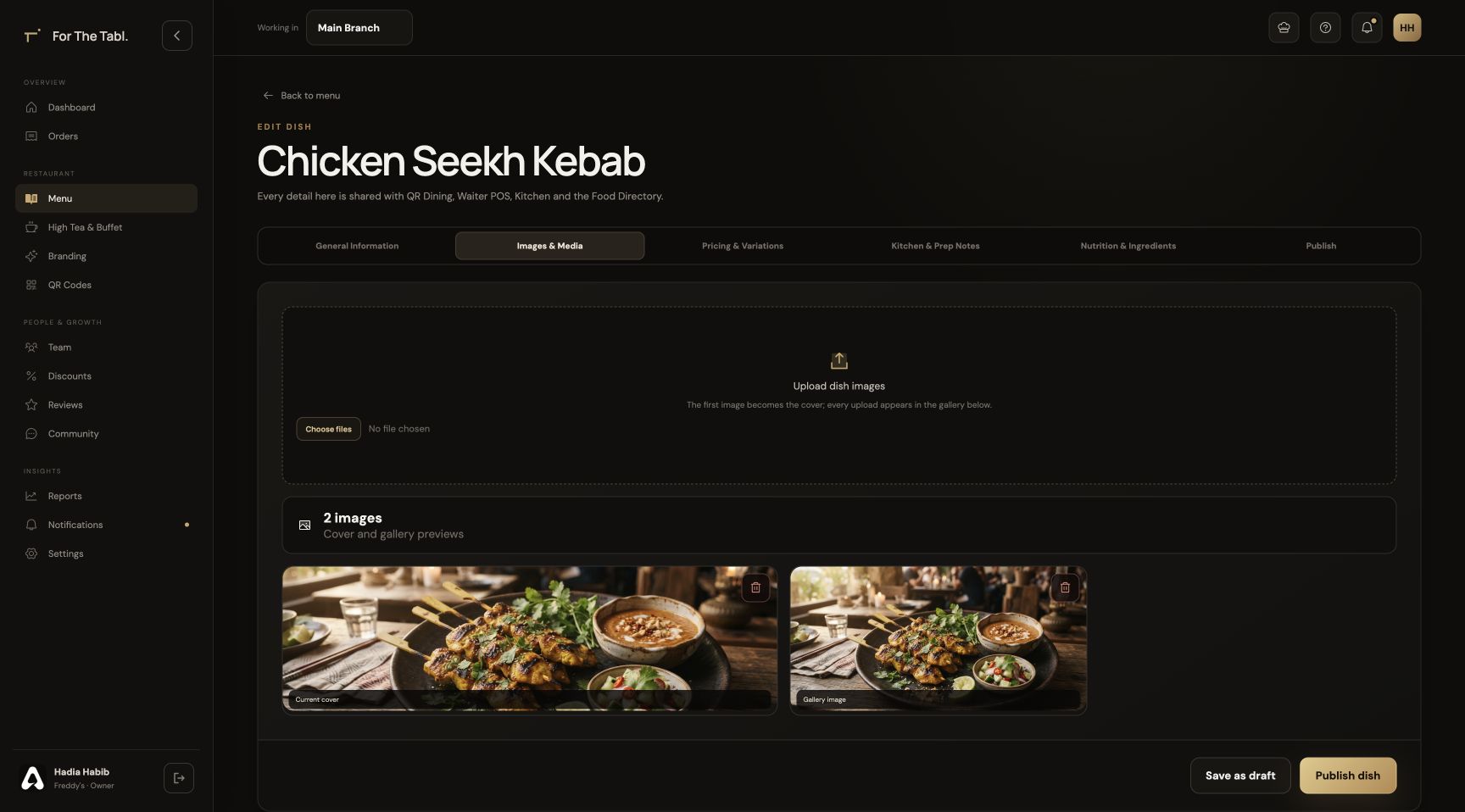 For The Tabl. Manage dish photography interface
