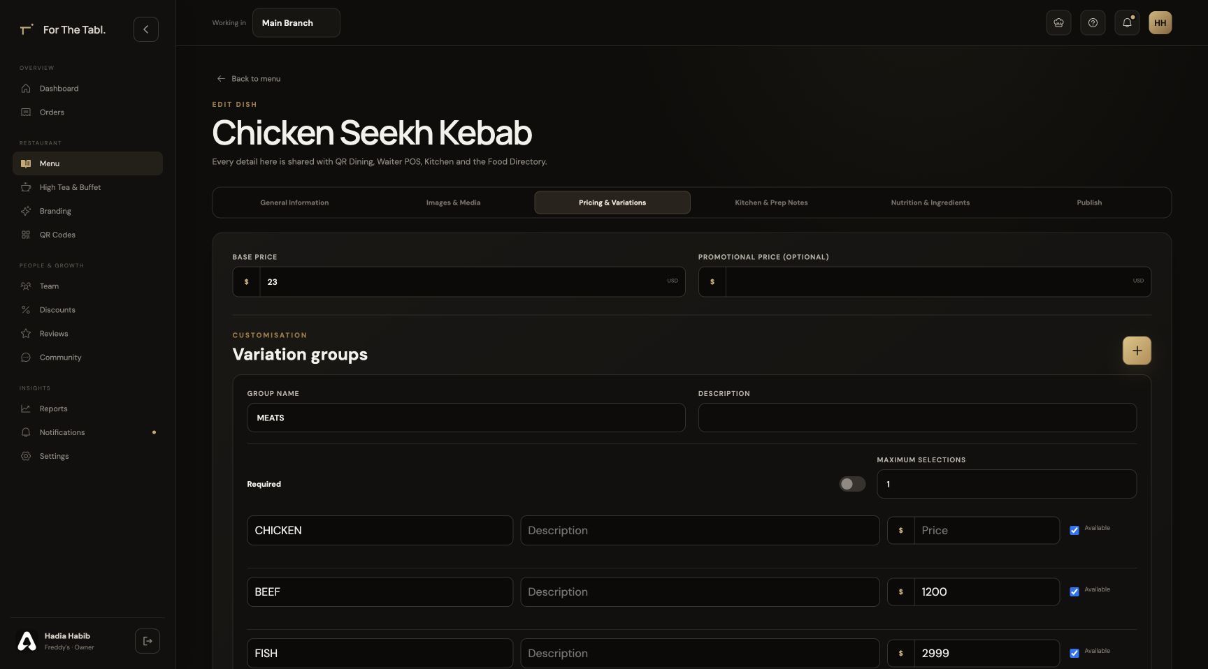 For The Tabl. Configure prices and variations interface