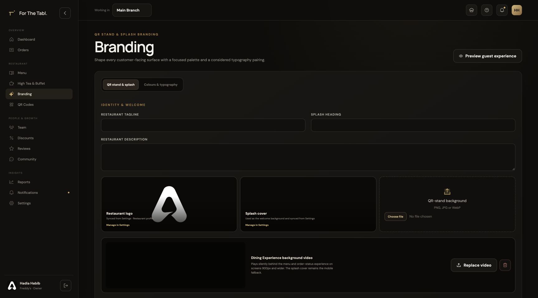 Restaurant branding configuration in the Owner Portal