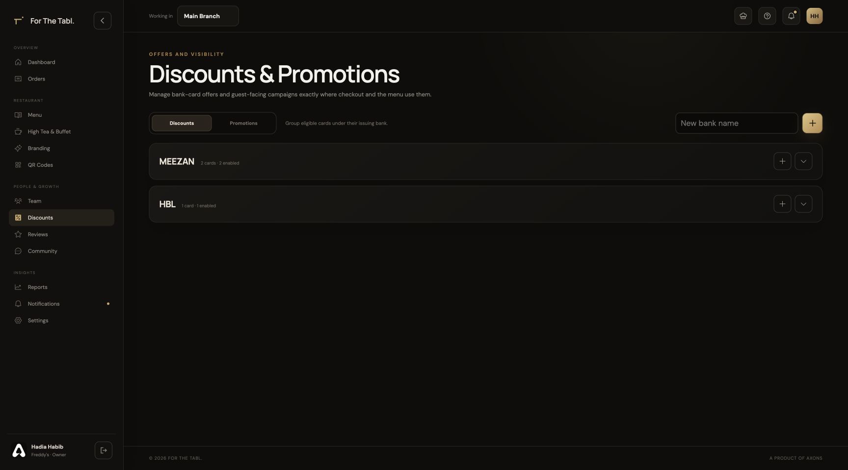 For The Tabl. Discounts and promotions interface