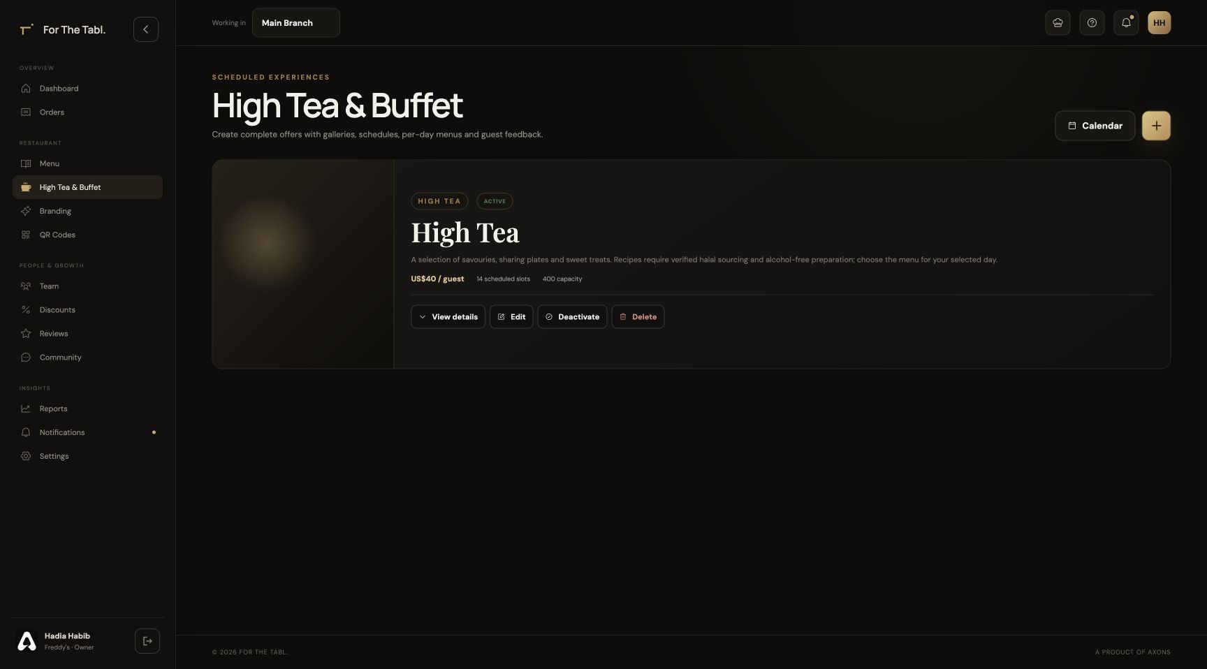 For The Tabl. High tea and buffet management interface