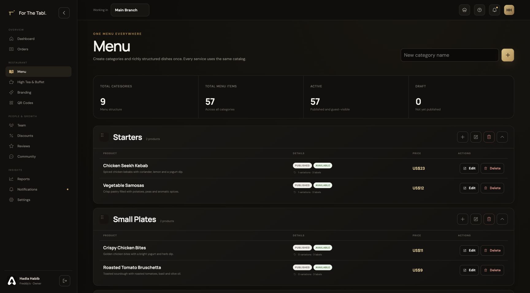 The live Owner Portal showing menu categories, dishes, prices and management controls