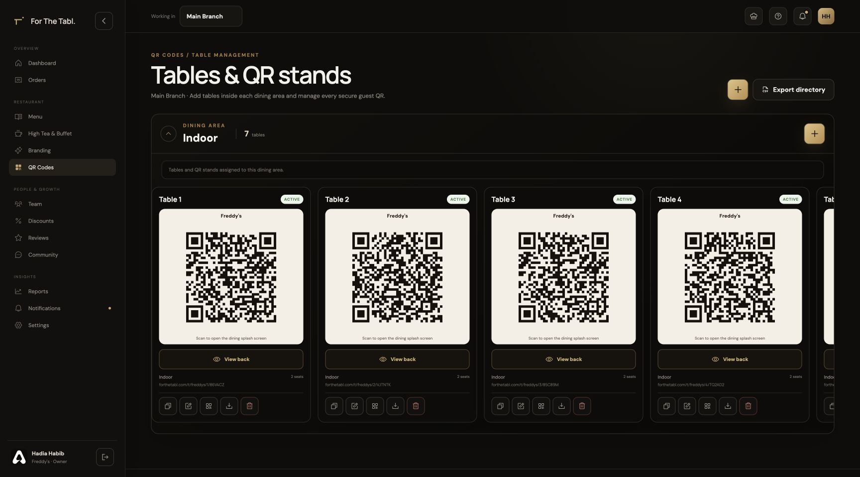 For The Tabl. Tables and QR stands interface