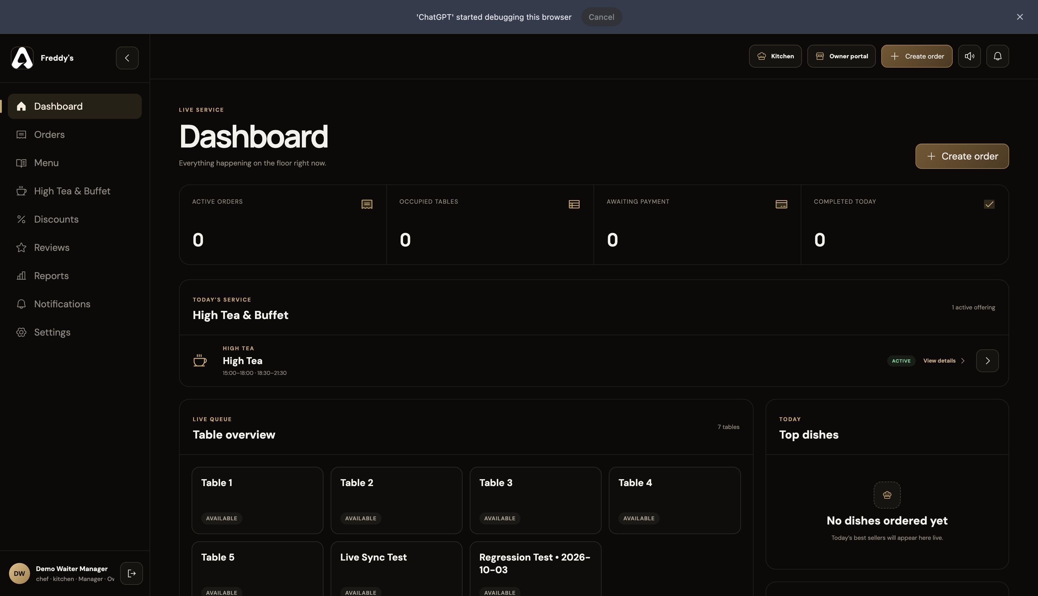 Waiter POS interface showing the service dashboard and tables